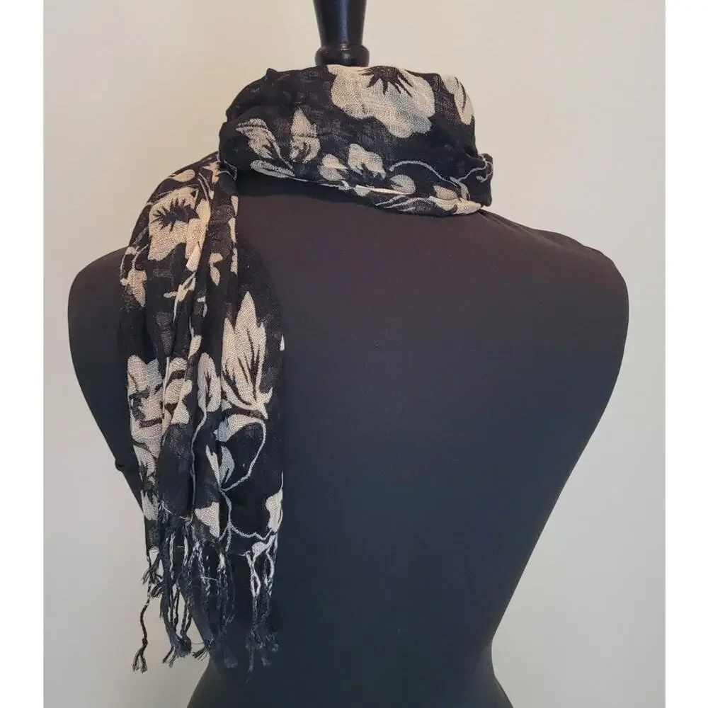 Black White Floral Fringe Scarf Lightweight Boho Wrap Layering Classic Fall